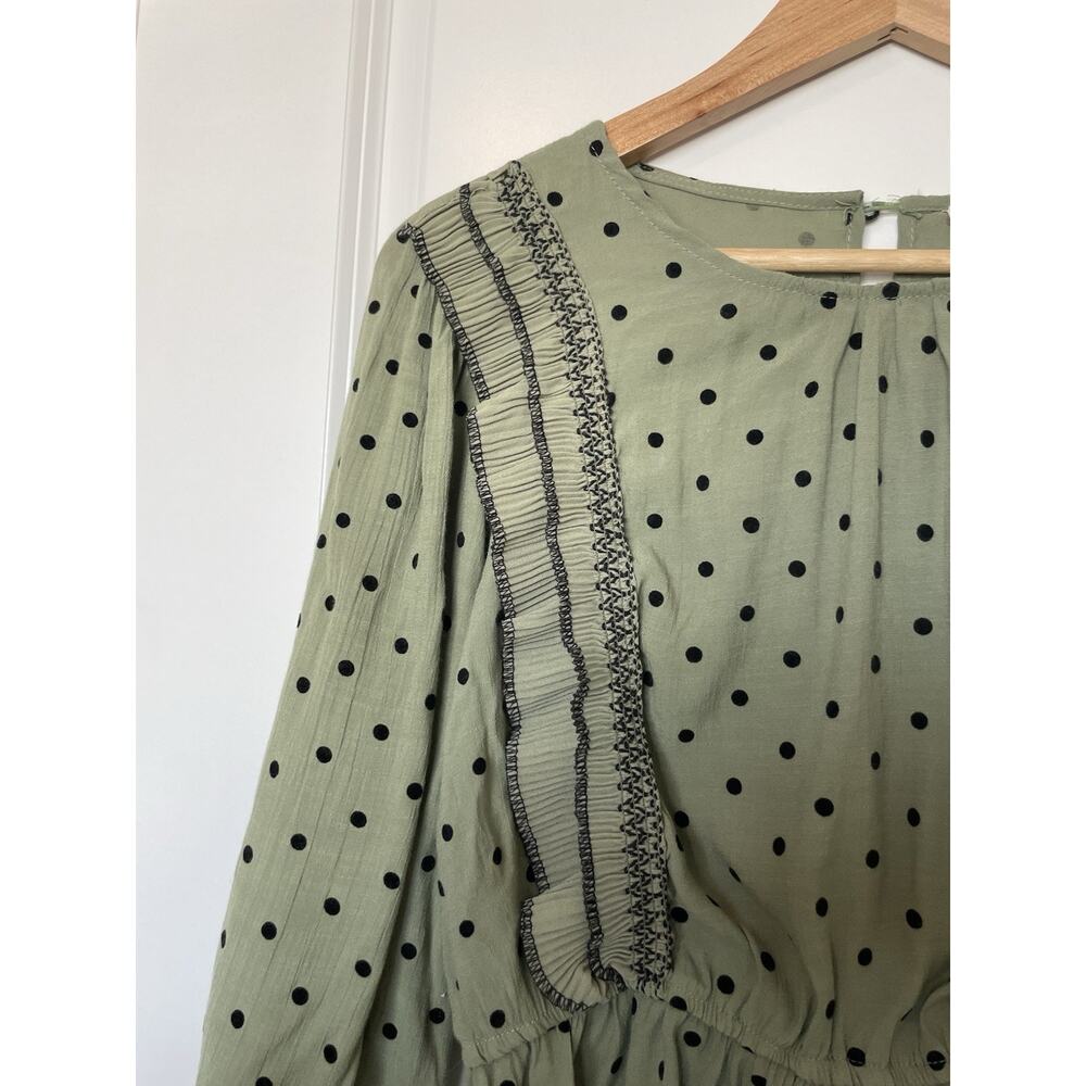 MINE Size Large Green Floral Romantic Polkadot Ruffle Neckline Peplum Waist - Picture 4 of 10